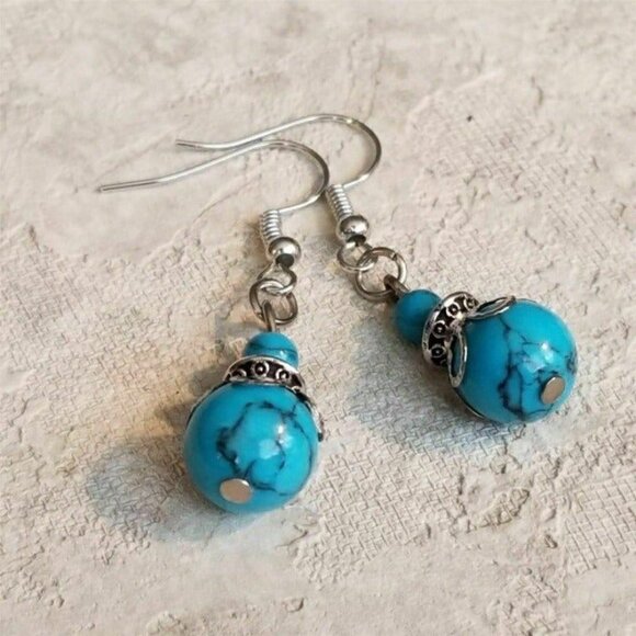 Handmade Turquoise Victorian Lace Art Nouveau Gemstone Bead Drop Earrings - Picture 6 of 7